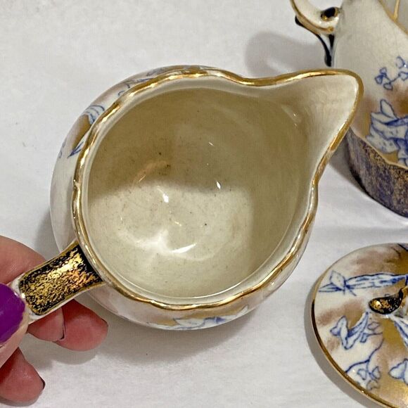 Vintage porcelain creamer & sugar bowl cobalt blue gold highlights unique floral - Picture 9 of 12